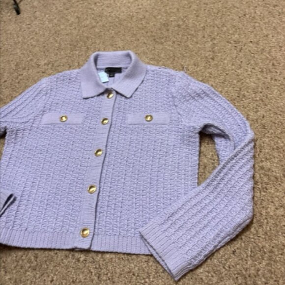 ANN TAYLOR LILAC BUD STITCHED COLLARED BUTTON SWEATER JACKET GOLD BUTTON $149 L - Picture 4 of 8